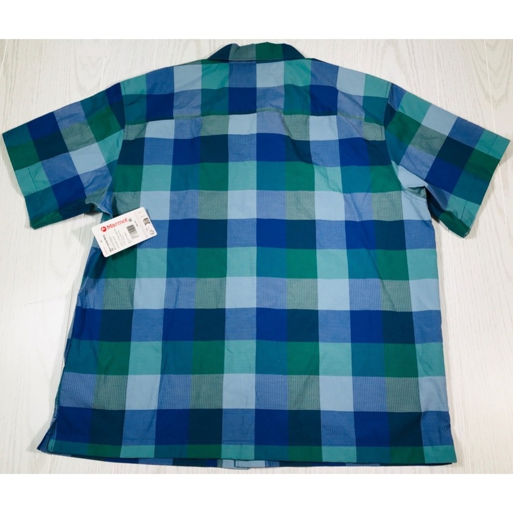 Marmot Short Sleeve Button Up Shirt Men XL Blue Plaid Muir Camp Shirt Ripstop